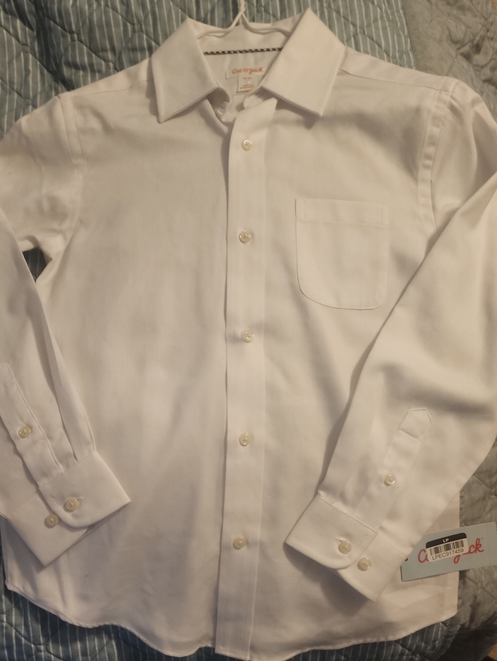 Sz M (8) Cat & Jack Boys White Button-Down Dress Shirt
